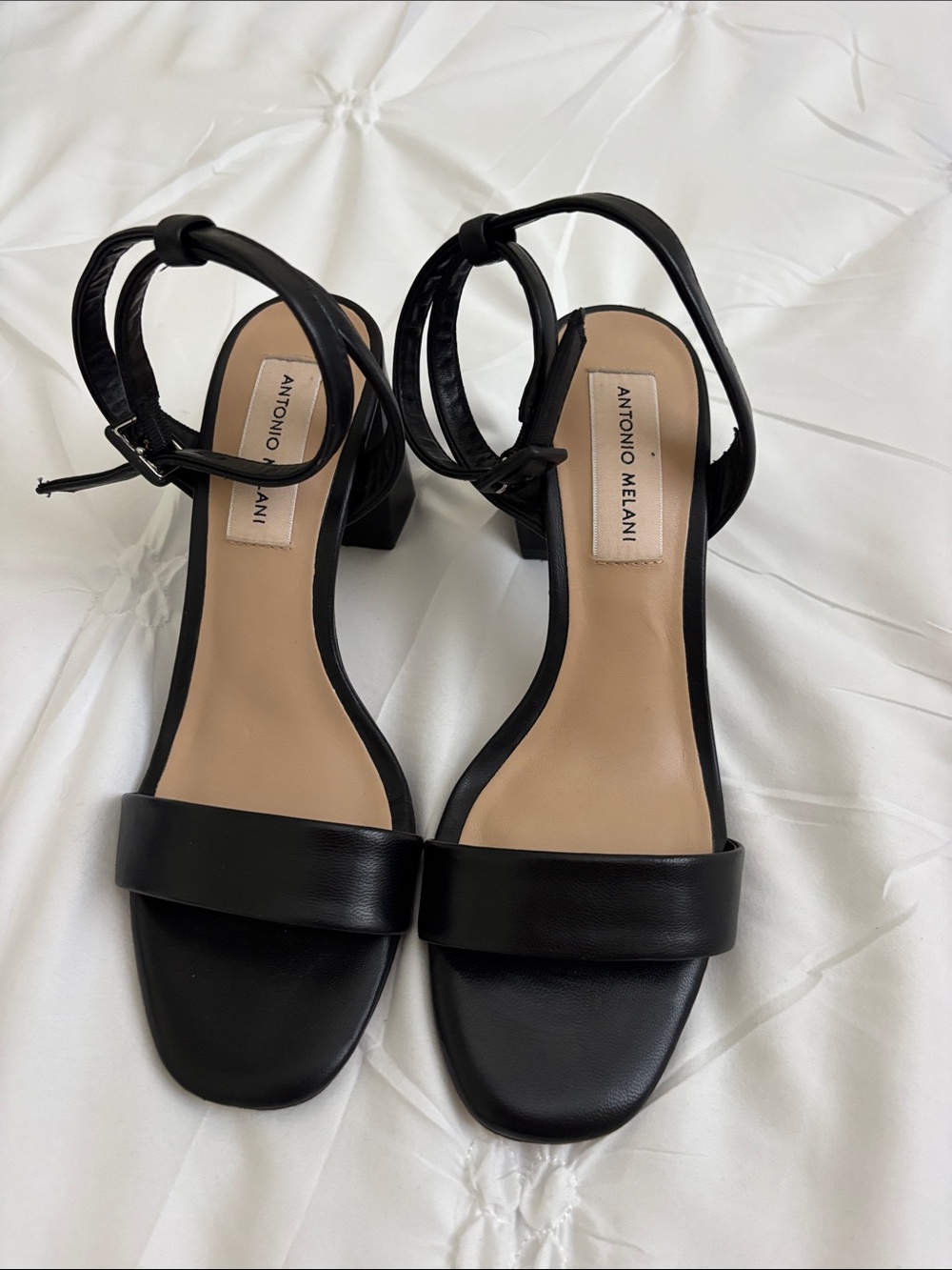 ANTONIO MELANI Black Leather Ankle-Strap Block Heel Sandals